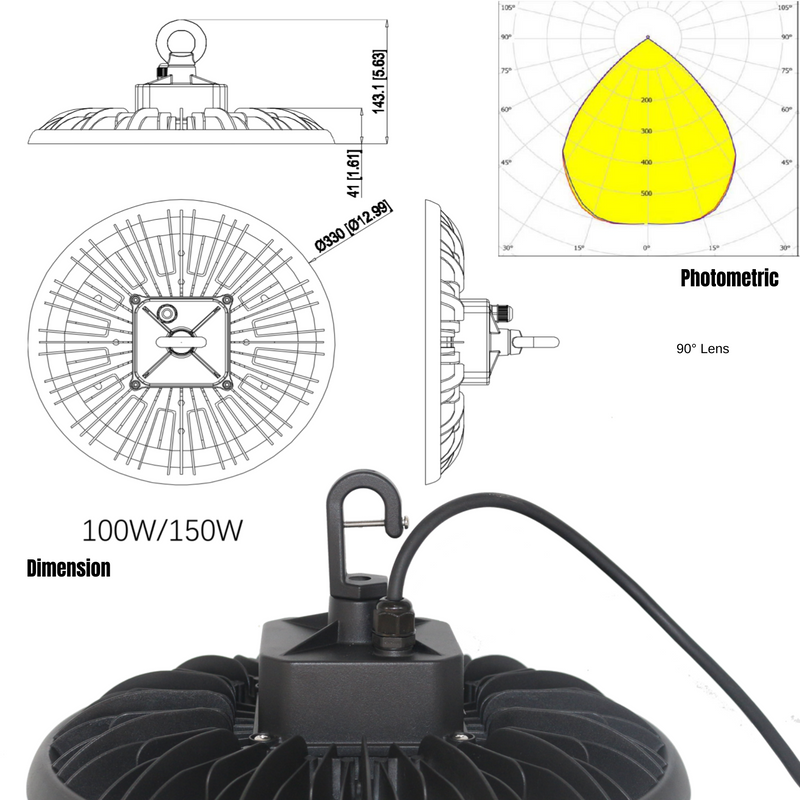 LeVanier 120-347V 100W 16000Lm UFO LED High Bay 160 Lumens Per Watt Dimmable 5Ft Cable IP65 ETL/cETL DLC Day Light Warehouse Work Shop (5000K)