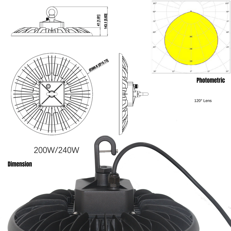 LeVanier 120-347V 200W 30000Lm UFO LED High Bay Dome Lens 150 Lumens Per Watt Dimmable 5Ft Cable IP65 ETL/cETL DLC Day Light Warehouse Work Shop (5000K)