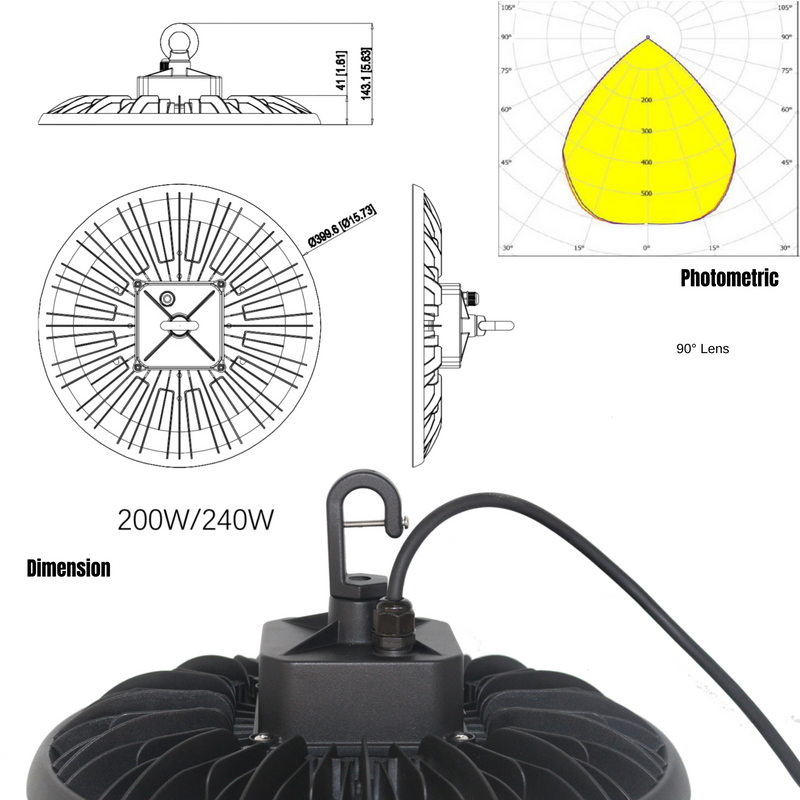 LeVanier 4-Pack 100-277V 200W 32000Lm UFO LED High Bay 160 Lumens Per Watt Dimmable 5Ft Cable IP65 ETL/cETL DLC Day Light Warehouse Work Shop (5000K)