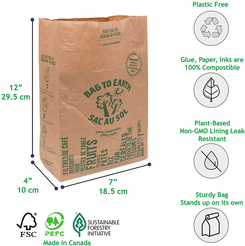 Bag to Earth Small Food Waste Bags 60-Pack Compostable Bag Leak Resistant 12in x 7.5in x 4.25in