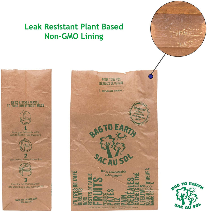 Bag to Earth Small Food Waste Bags 60-Pack Compostable Bag Leak Resistant 12in x 7.5in x 4.25in