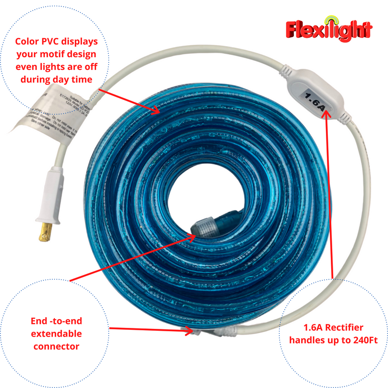 Flexilight 12Ft LED Rope Light 120V 2-Wire 1/2” 13mm Diameter Extendable Indoor Outdoor Home Decoration Christmas Party Accent Lighting (Blue)