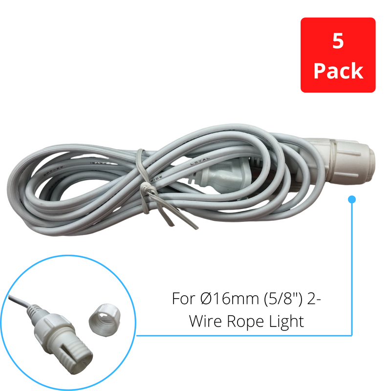 Flexilight 5-Pack 110-120V Power Cord for Rope Light Ø16mm 5/8” 2-Wire IU Series