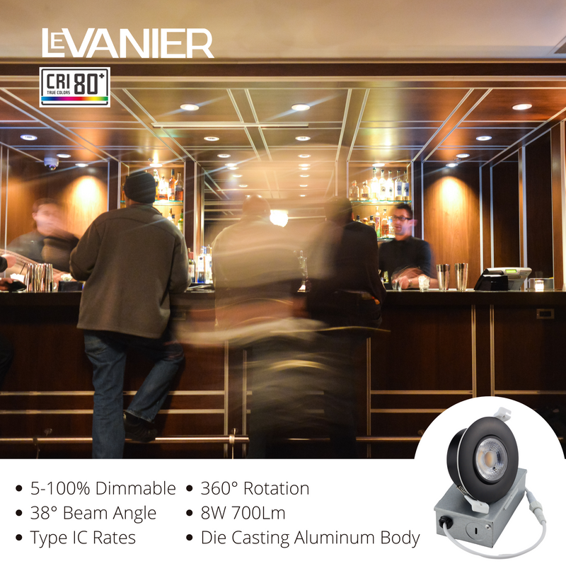 LeVanier LED 3-Inch Gimbal Recessed Light 360° Rotation 8W 700 Lumens 60W Equivalent Round Slim Panel Down Light Dimmable with JB ETL ES Black 5000K