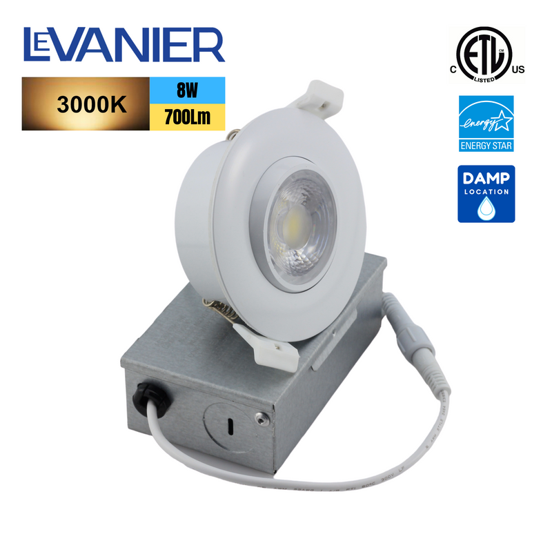 LeVanier LED 3-Inch Gimbal Recessed Light 360° Rotation 8W 700 Lumens 60W Equivalent Round Slim Panel Down Light Dimmable with JB ETL ES White 3000K