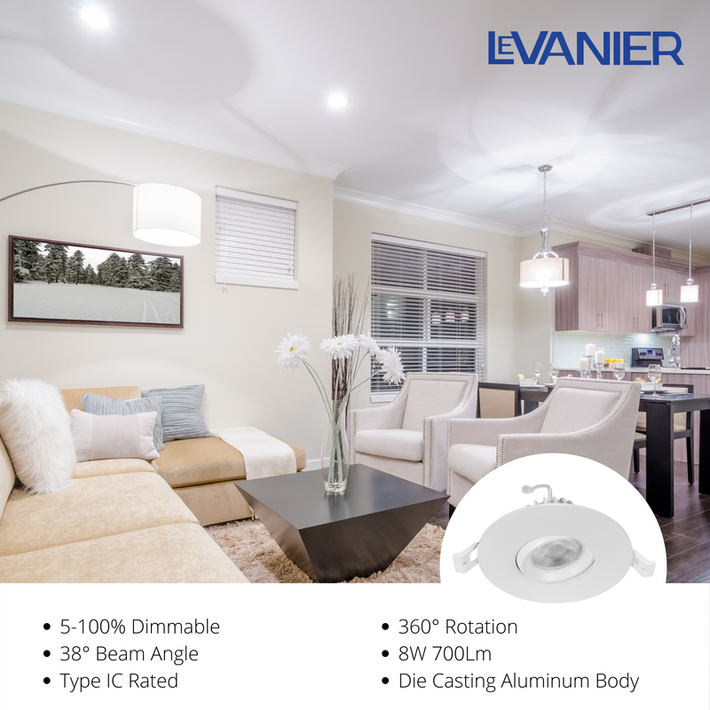 LeVanier LED 3-Inch Gimbal Recessed Light 360° Rotation 8W 700 Lumens 60W Equivalent Round Slim Panel Down Light Dimmable with JB ETL ES White 3000K