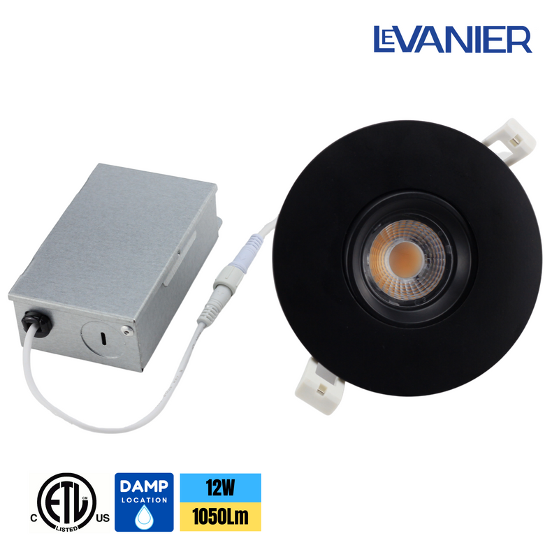 LeVanier LED 4-Inch Gimbal Down Light, 360° Rotation, 12W, 1050 Lumens, 100W Equivalent, Round, Black Finish, Dimmable, ETL/cETL, Energy Star (3000K)