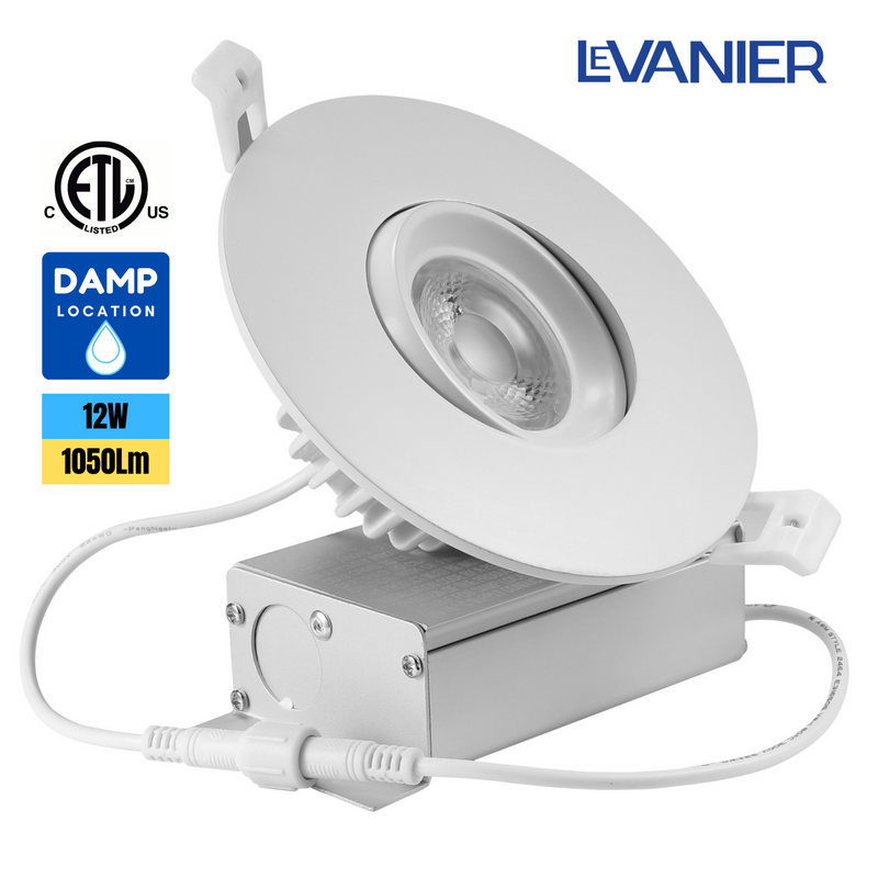 LeVanier 4-Pack LED 4-Inch Gimbal Down Light, 360° Rotation, 12W, 1050 Lumens, 100W Equivalent, Round, White Finish, Dimmable, ETL/cETL ES (5000K)