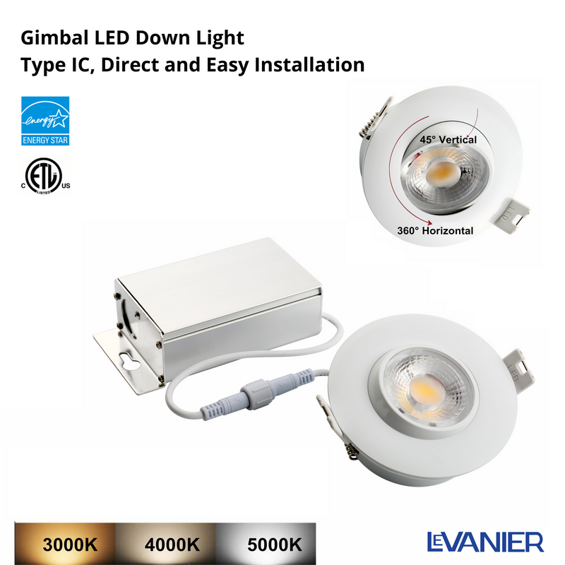 LeVanier LED 3-Inch Gimbal Recessed Light 360° Rotation 8W 700 Lumens 60W Equivalent Round Slim Panel Down Light Dimmable with JB ETL ES White 5000K