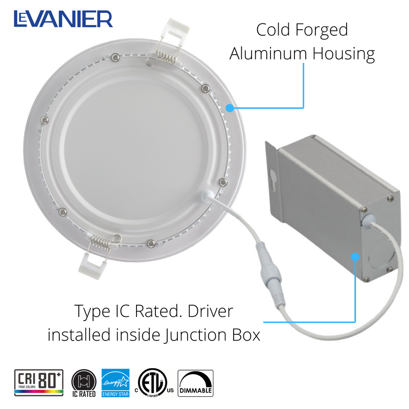 LeVanier LED 6-Inch Panel Light Recessed Slim Down Light 12W 950Lm 120V 100W Equivalent Round White Finish Dimmable ETL cETL ES w/ Junction Box 5000K