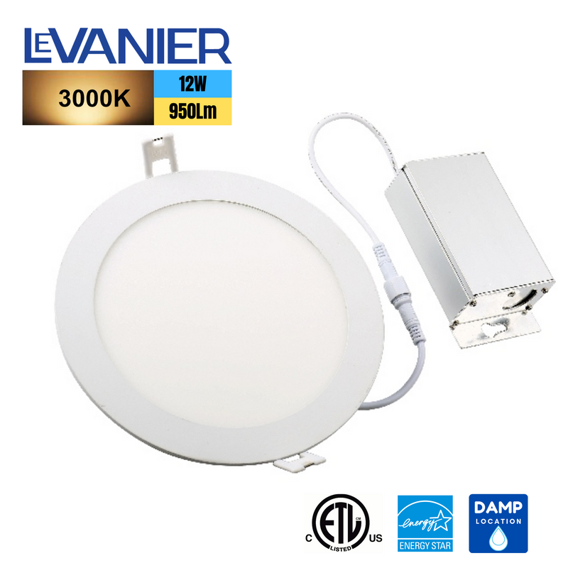 LeVanier LED 6-Inch Panel Light Recessed Slim Down Light 12W 950Lm 120V 100W Equivalent Round White Finish Dimmable ETL cETL ES w/ Junction Box 3000K