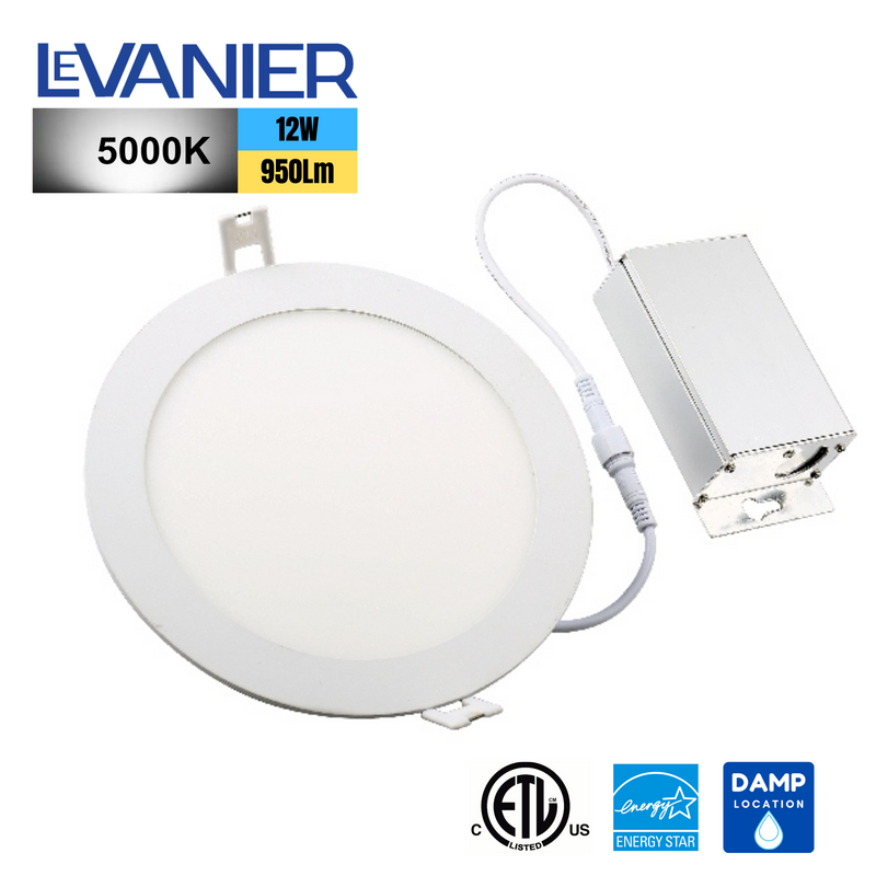 LeVanier LED 6-Inch Panel Light Recessed Slim Down Light 12W 950Lm 120V 100W Equivalent Round White Finish Dimmable ETL cETL ES w/ Junction Box 5000K