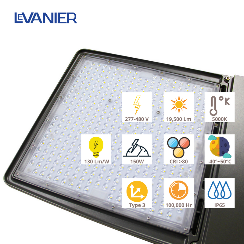 LeVanier LED Shoebox Light 347V (277-480V) 150W 19500Lm IP65 ETL/cETL DLC Daylight 5000K Parking Lot Street Park Garden Playground Backyard Outdoor