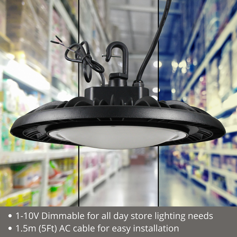 LeVanier 120-347V 200W 30000Lm UFO LED High Bay Dome Lens 150 Lumens Per Watt Dimmable 5Ft Cable IP65 ETL/cETL DLC Day Light Warehouse Work Shop (5000K)