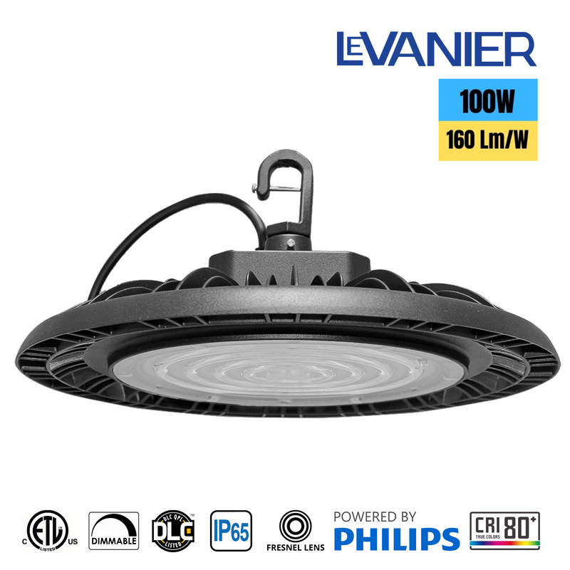 LeVanier 4-Pack 100-277V 100W 16000Lm UFO LED High Bay 160 Lumens Per Watt Dimmable 5Ft Cable IP65 ETL/cETL DLC Day Light Stadium Warehouse Work Shop (5000K)