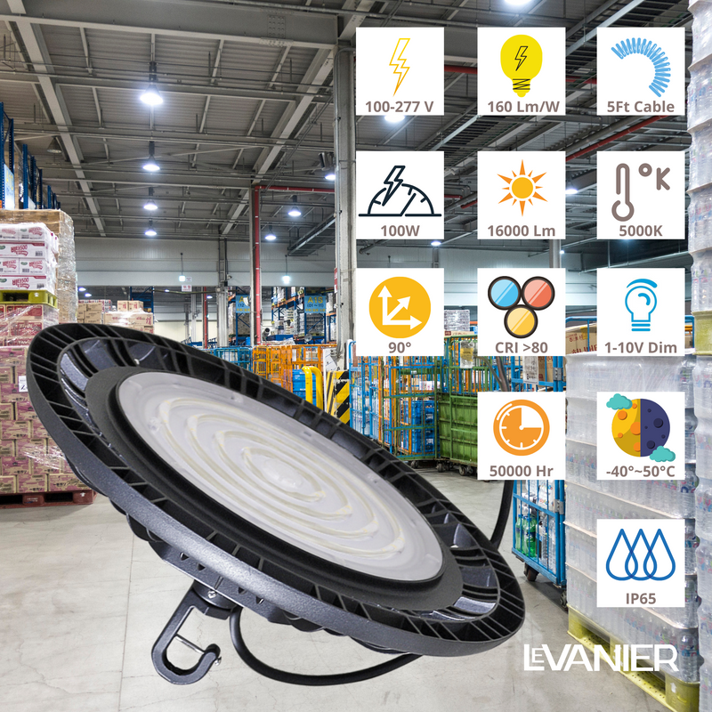 LeVanier 4-Pack 100-277V 100W 16000Lm UFO LED High Bay 160 Lumens Per Watt Dimmable 5Ft Cable IP65 ETL/cETL DLC Day Light Stadium Warehouse Work Shop (5000K)