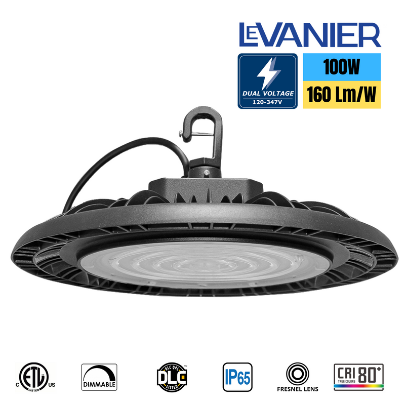 LeVanier 4-Pack 120-347V 100W 16000Lm UFO LED High Bay 160 Lumens Per Watt Dimmable 5Ft Cable IP65 ETL/cETL DLC Day Light Warehouse Work Shop (5000K)