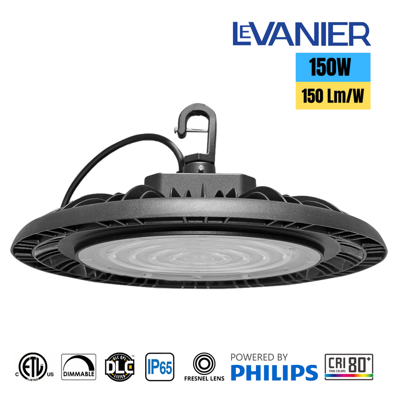 LeVanier 100-277V 150W 24000Lm UFO LED High Bay 160 Lumens Per Watt Dimmable 5Ft Cable IP65 ETL/cETL DLC Day Light Stadium Warehouse Work Shop (5000K)