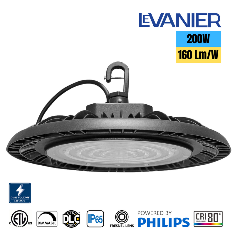 LeVanier 120-347V 200W 32000Lm UFO LED High Bay 160 Lumens Per Watt Dimmable 5Ft Cable IP65 ETL/cETL DLC Day Light Stadium Warehouse Work Shop (5000K)