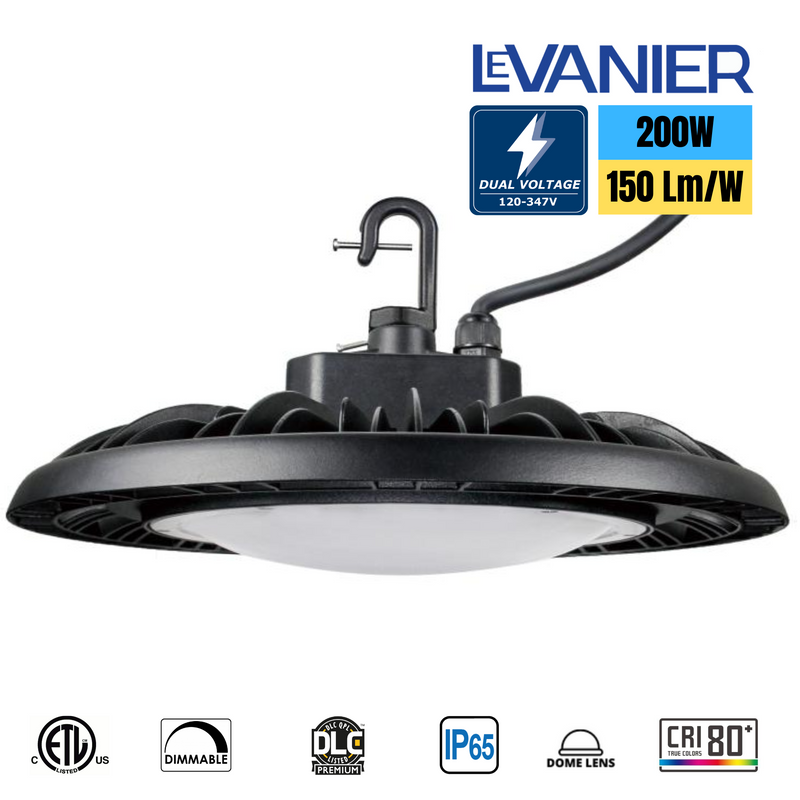 LeVanier 120-347V 200W 30000Lm UFO LED High Bay Dome Lens 150 Lumens Per Watt Dimmable 5Ft Cable IP65 ETL/cETL DLC Day Light Warehouse Work Shop (5000K)