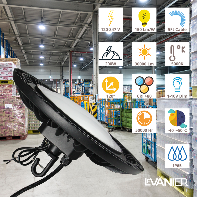 LeVanier 120-347V 200W 30000Lm UFO LED High Bay Dome Lens 150 Lumens Per Watt Dimmable 5Ft Cable IP65 ETL/cETL DLC Day Light Warehouse Work Shop (5000K)