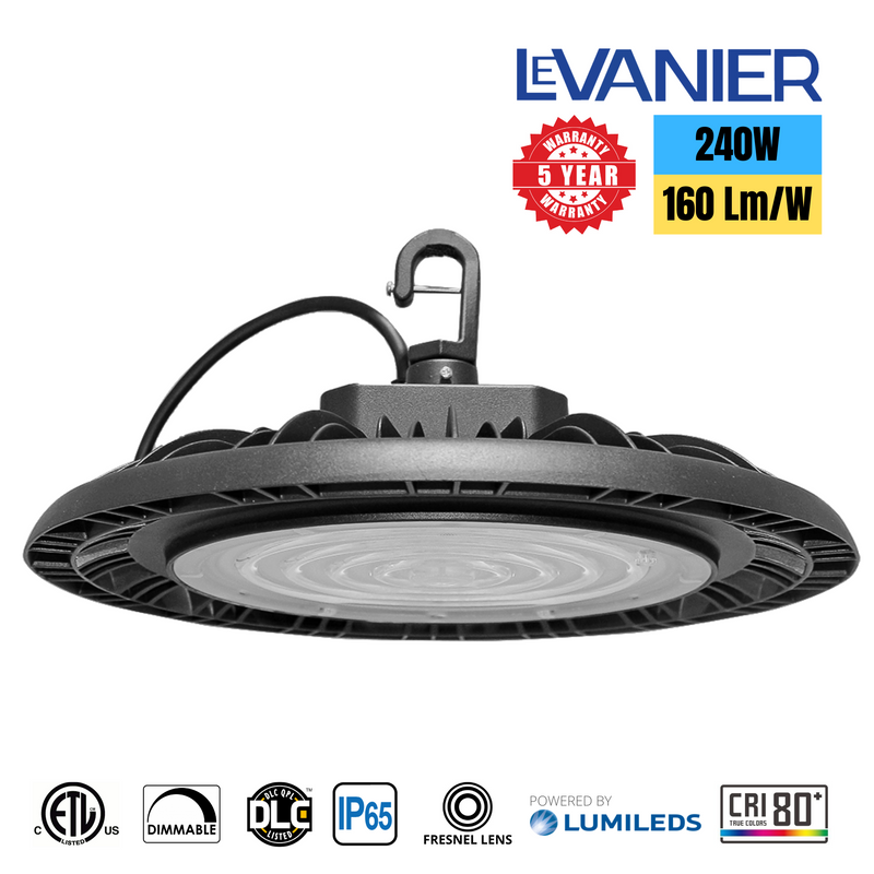 LeVanier 4-Pack 100-277V 240W 38400Lm UFO LED High Bay 160 Lumens Per Watt Dimmable 5Ft Cable IP65 ETL/cETL DLC Daylight (5000K)