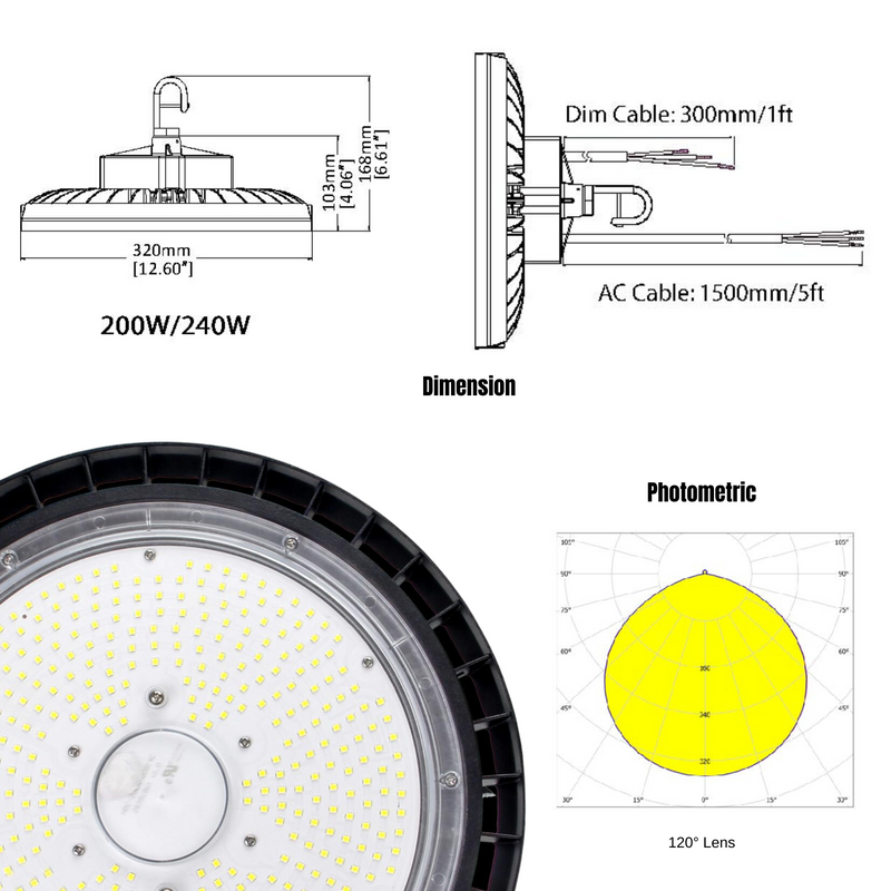 LeVanier 100-347V 200W UFO LED High Bay Lights - 32,000 Lumens, 160 Lm/W, Dimmable, IP65 Rated, 5Ft Cable, DLC Certified, Day Light 5000K