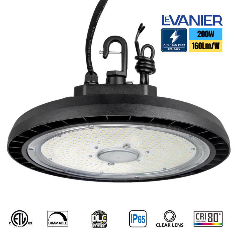 LeVanier 100-347V 200W UFO LED High Bay Lights - 32,000 Lumens, 160 Lm/W, Dimmable, IP65 Rated, 5Ft Cable, DLC Certified, Day Light 5000K