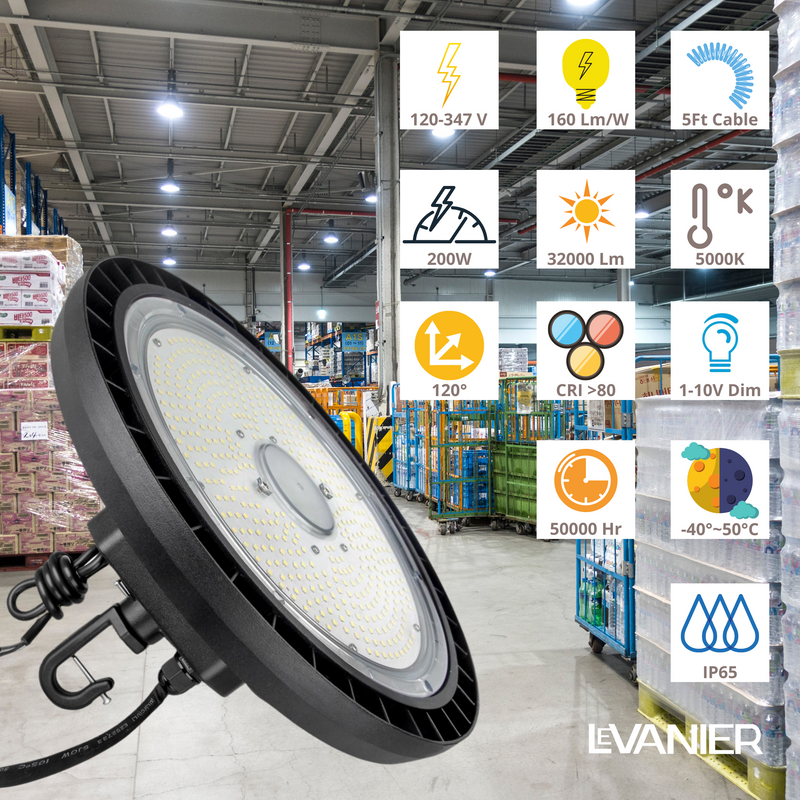 LeVanier 100-347V 200W UFO LED High Bay Lights - 32,000 Lumens, 160 Lm/W, Dimmable, IP65 Rated, 5Ft Cable, DLC Certified, Day Light 5000K